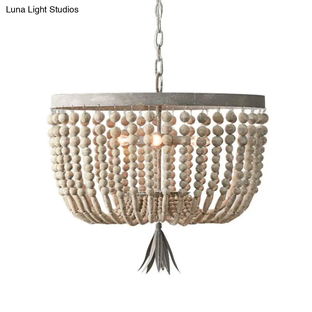 Distressed White Wood Hanging Chandelier For Classic Living Rooms - Caged Suspension Pendant Light