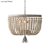 Distressed White Wood Hanging Chandelier For Classic Living Rooms - Caged Suspension Pendant Light