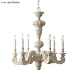 Distressed White Wood Hanging Chandelier For Classic Living Rooms - Caged Suspension Pendant Light