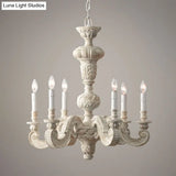 Distressed White Wood Hanging Chandelier For Classic Living Rooms - Caged Suspension Pendant Light