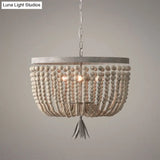 Distressed White Wood Hanging Chandelier For Classic Living Rooms - Caged Suspension Pendant Light