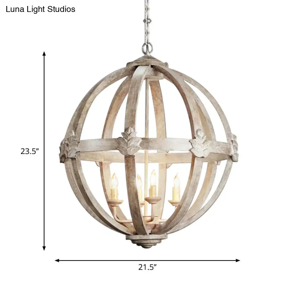 Distressed White Wood Hanging Chandelier For Classic Living Rooms - Caged Suspension Pendant Light