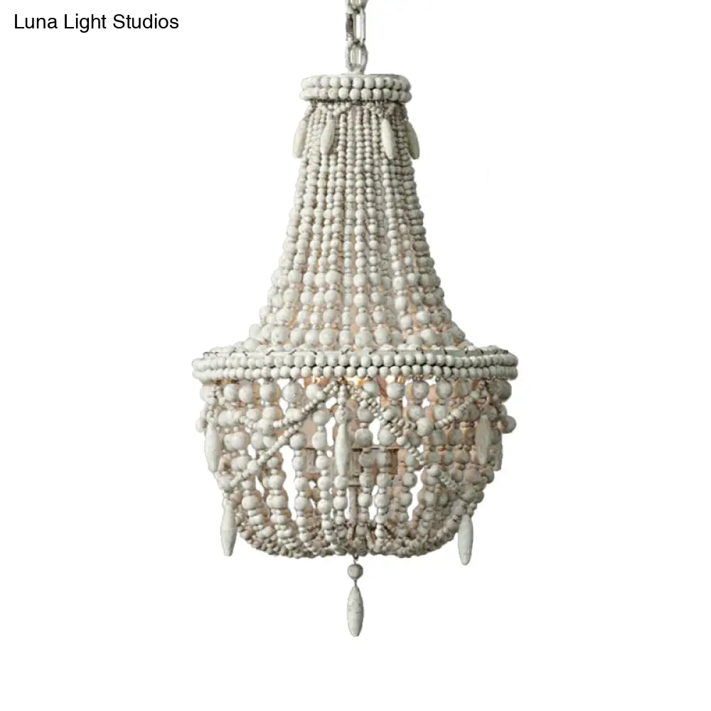 Distressed White Wood Hanging Chandelier For Classic Living Rooms - Caged Suspension Pendant Light