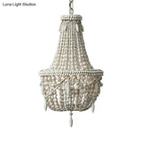 Distressed White Wood Hanging Chandelier For Classic Living Rooms - Caged Suspension Pendant Light
