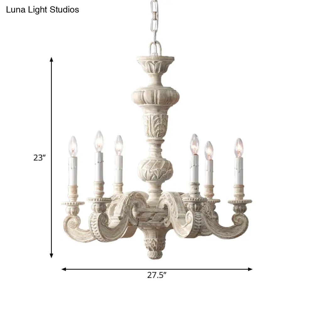 Distressed White Wood Hanging Chandelier For Classic Living Rooms - Caged Suspension Pendant Light