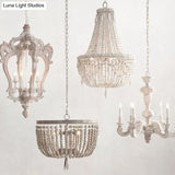 Distressed White Wood Hanging Chandelier For Classic Living Rooms - Caged Suspension Pendant Light
