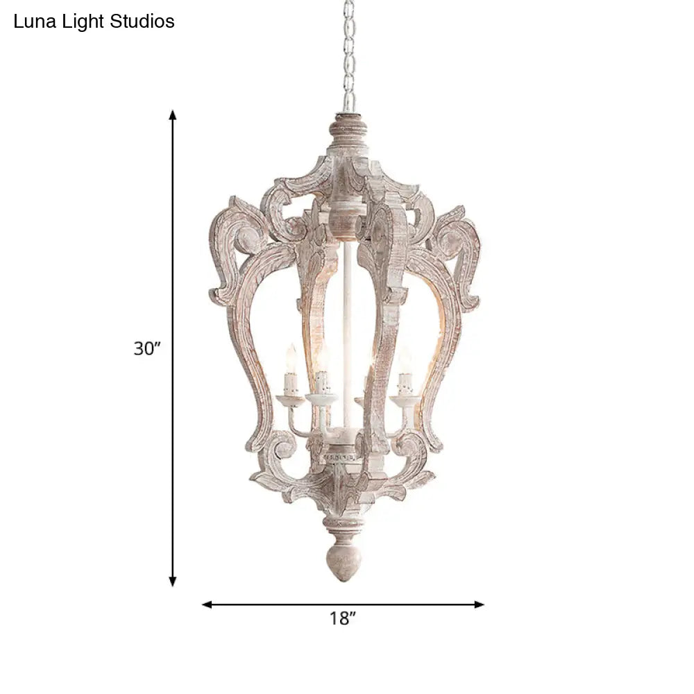 Distressed White Wood Hanging Chandelier For Classic Living Rooms - Caged Suspension Pendant Light