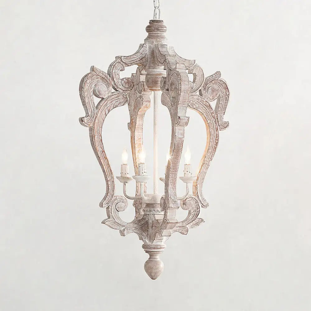 Distressed White Wood Hanging Chandelier For Classic Living Rooms - Caged Suspension Pendant Light /