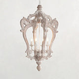 Distressed White Wood Hanging Chandelier For Classic Living Rooms - Caged Suspension Pendant Light /