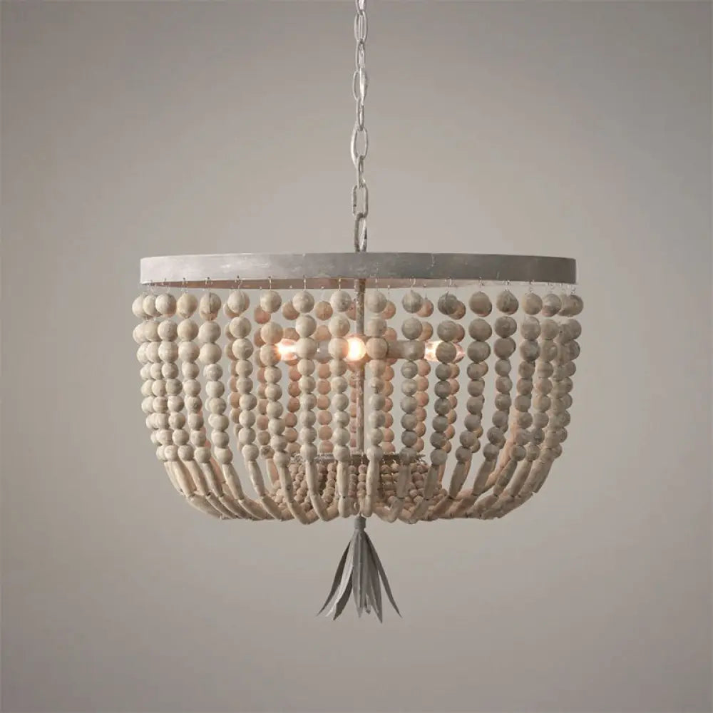 Distressed White Wood Hanging Chandelier For Classic Living Rooms - Caged Suspension Pendant Light /