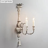 Distressed White Wood Wall Mount Light With Curved Arm - 2 Bulbs Traditional Style For Living Room
