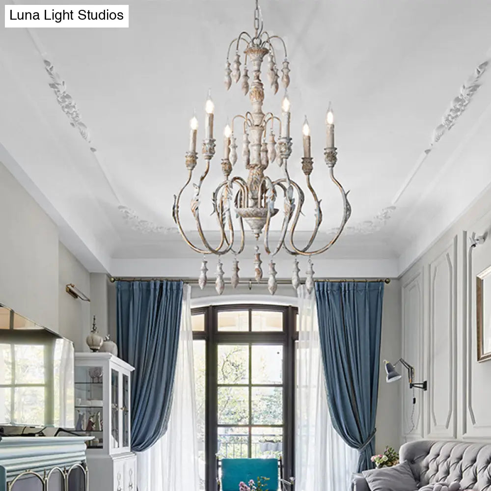 Distressed Wood Pendant Chandelier With Droplet - Classic Lighting For Living Room