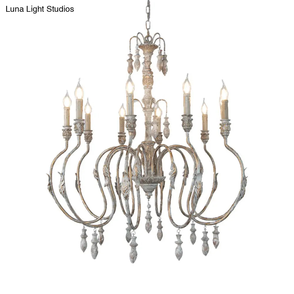 Distressed Wood Pendant Chandelier With Droplet - Classic Lighting For Living Room