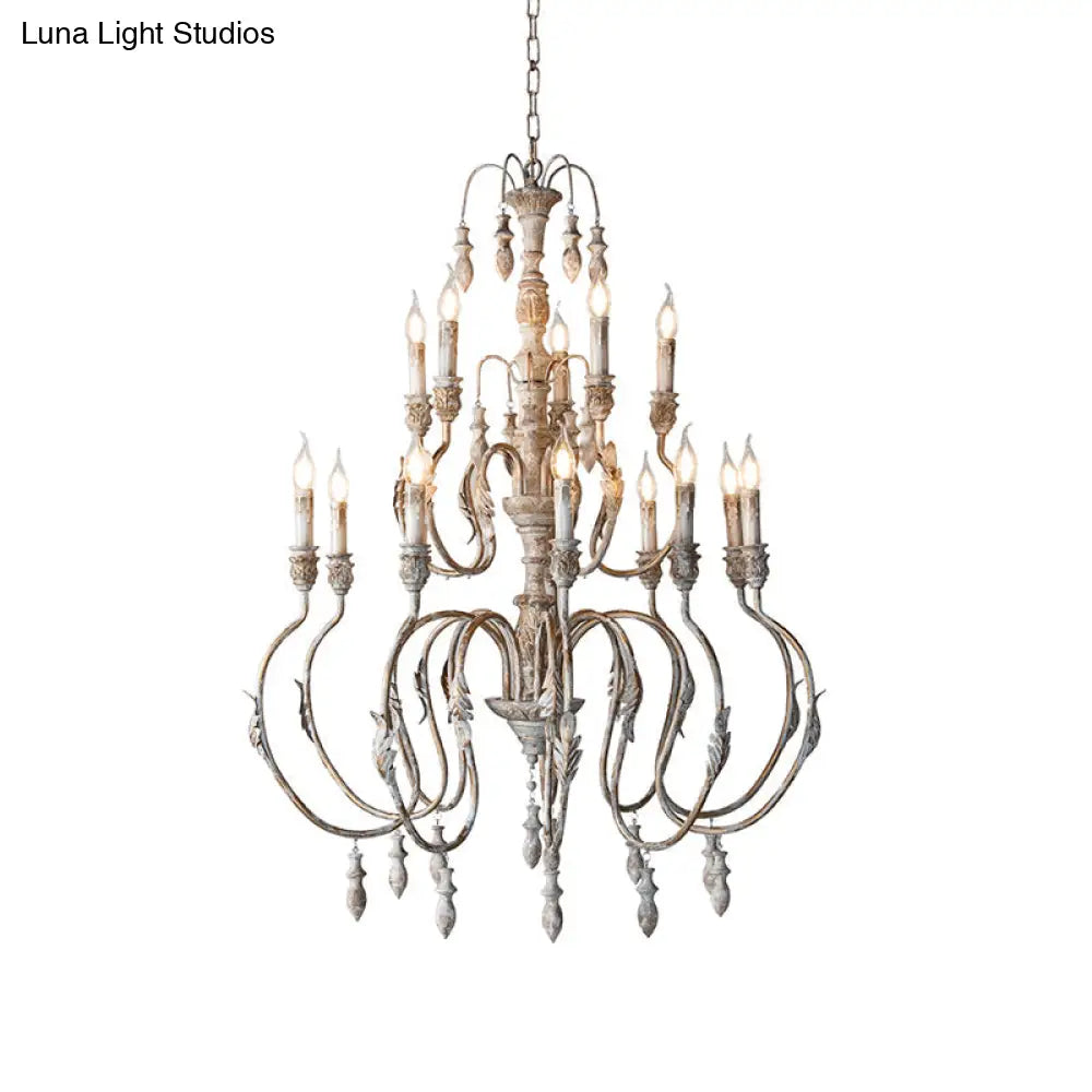 Distressed Wood Pendant Chandelier With Droplet - Classic Lighting For Living Room