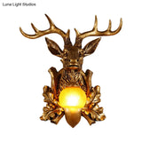 Dome Amber Glass Sconce Wall Lamp With Deer Head Backplate - Rural Lighting For Sitting Room 12/19.5
