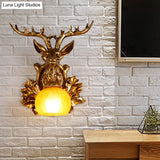 Dome Amber Glass Sconce Wall Lamp With Deer Head Backplate - Rural Lighting For Sitting Room 12/19.5