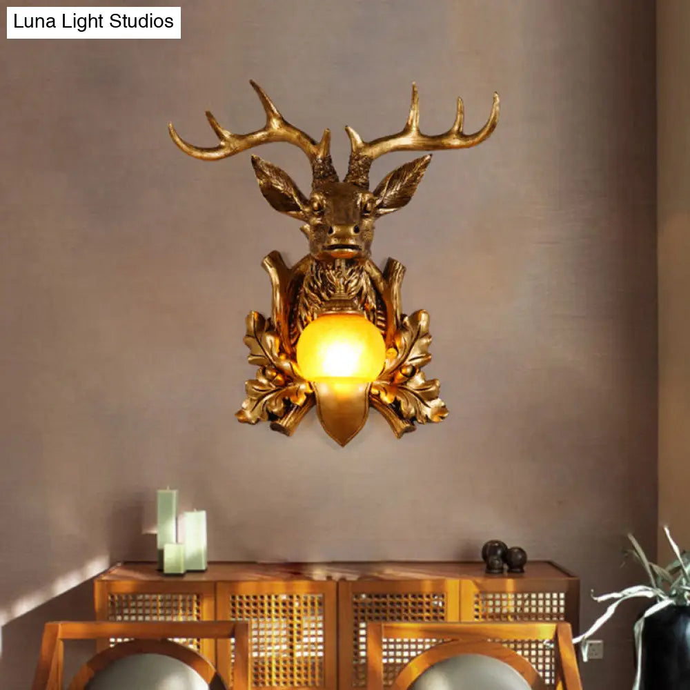 Dome Amber Glass Sconce Wall Lamp With Deer Head Backplate - Rural Lighting For Sitting Room 12/19.5