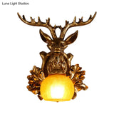 Dome Amber Glass Sconce Wall Lamp With Deer Head Backplate - Rural Lighting For Sitting Room 12/19.5