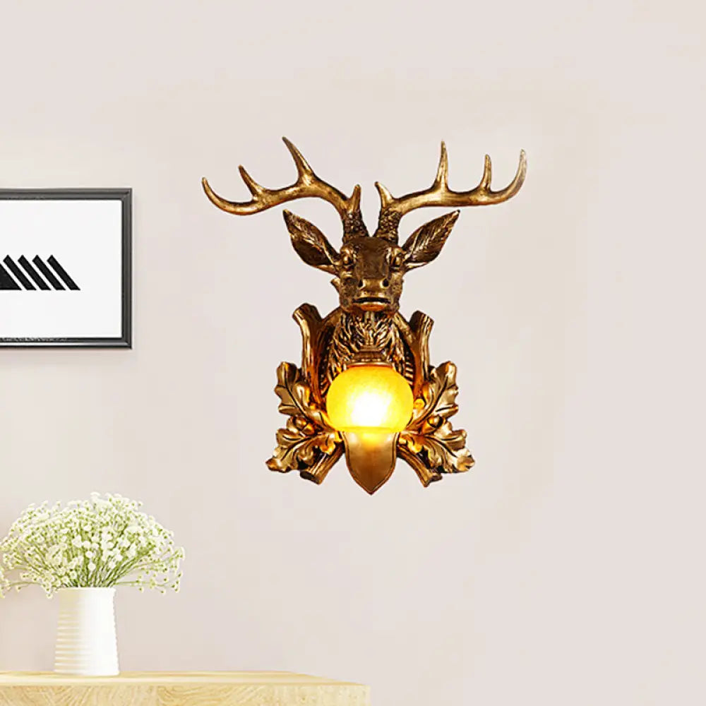 Dome Amber Glass Sconce Wall Lamp With Deer Head Backplate - Rural Lighting For Sitting Room 12/19.5