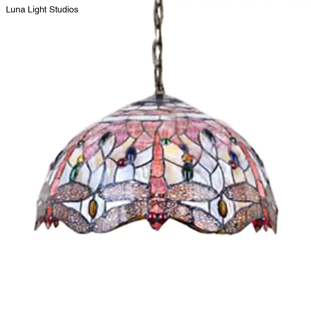 Dome Ceiling Lamp: Tiffany Shell Pink Dragonfly Pattern 3-Bulb Pendant Light - 12’/16’ Wide