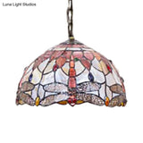 Dome Ceiling Lamp: Tiffany Shell Pink Dragonfly Pattern 3-Bulb Pendant Light - 12’/16’ Wide