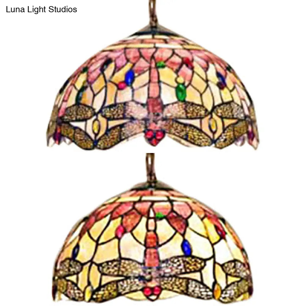 Dome Ceiling Lamp: Tiffany Shell Pink Dragonfly Pattern 3-Bulb Pendant Light - 12’/16’ Wide