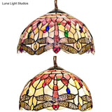Dome Ceiling Lamp: Tiffany Shell Pink Dragonfly Pattern 3-Bulb Pendant Light - 12’/16’ Wide