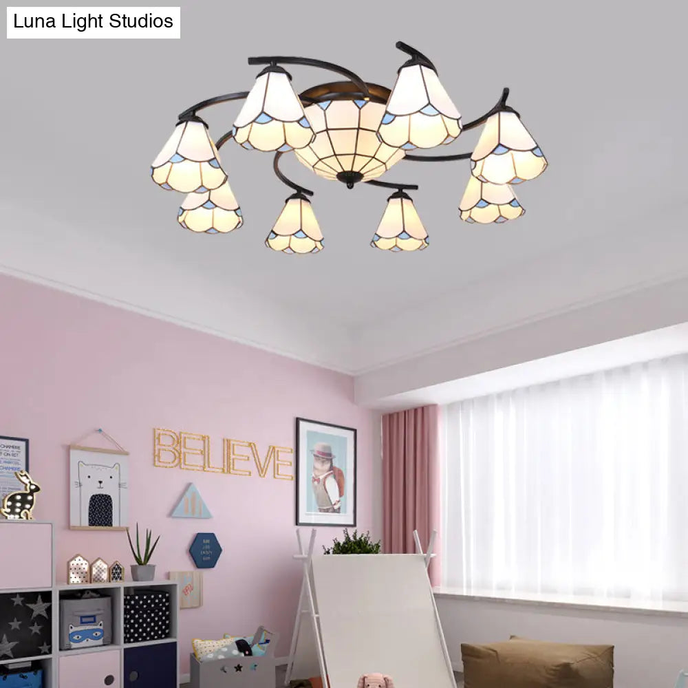 Dome/Conical Semi Flush Mount Mediterranean Ceiling Lamp - 11 Lights White/Blue Glass Ideal For