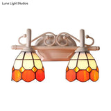 Dome Double Wall Sconce - Curved Arm Stained Glass Traditional Lighting (Blue/Orange)