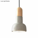 Dome Industrial Cement Pendant Light Fixture - Grey With Red/Black/Wood Accents