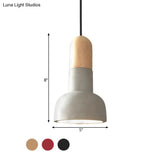 Dome Industrial Cement Pendant Light Fixture - Grey With Red/Black/Wood Accents