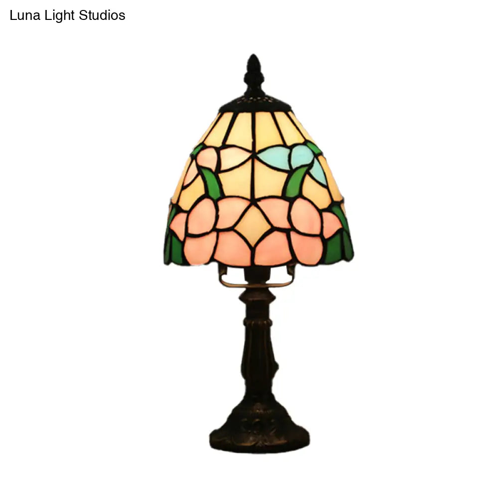 Dome-Shaped Baroque Style Nightstand Lamp - Stained Glass With Blossom Pattern In Red/Pink/Orange