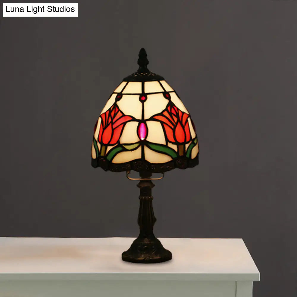 Dome-Shaped Baroque Style Nightstand Lamp - Stained Glass With Blossom Pattern In Red/Pink/Orange