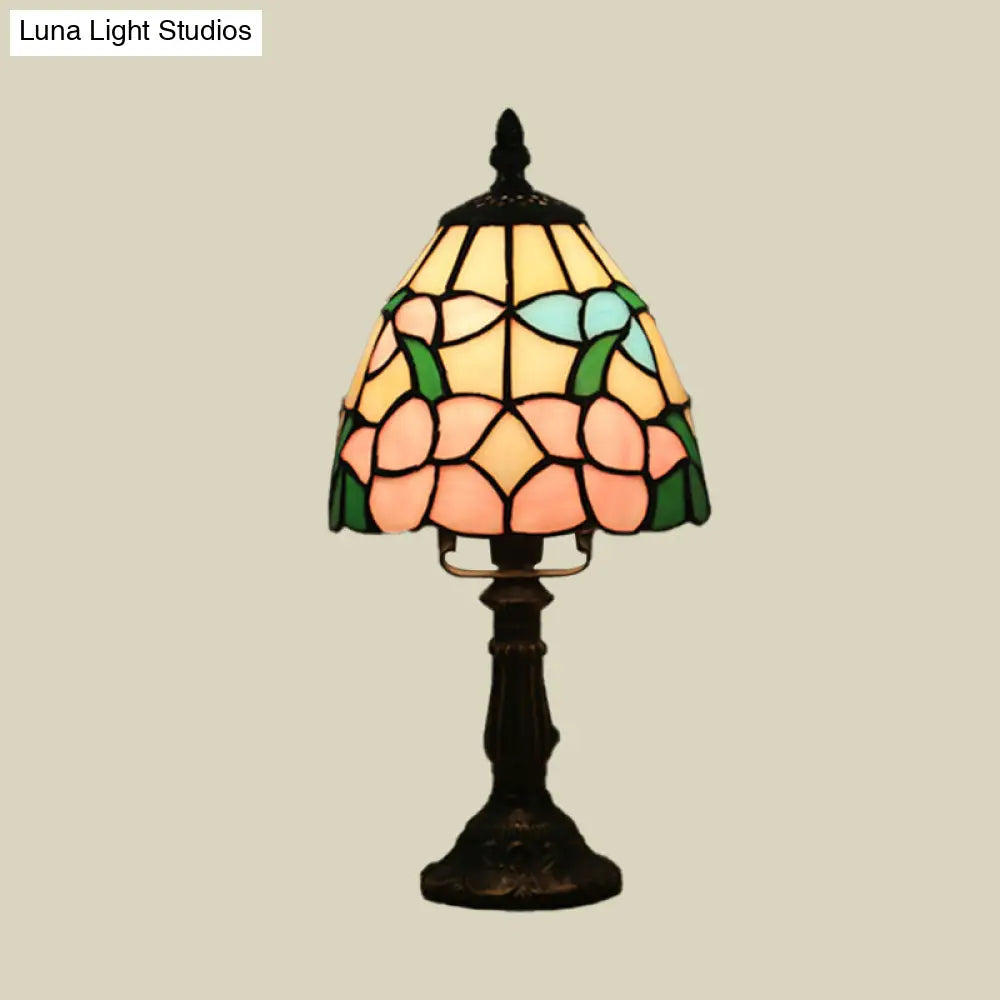 Dome-Shaped Baroque Style Nightstand Lamp - Stained Glass With Blossom Pattern In Red/Pink/Orange