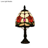 Dome-Shaped Baroque Style Nightstand Lamp - Stained Glass With Blossom Pattern In Red/Pink/Orange
