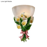 Dome Shaped Modern Wall Lamp With Ribbed Glass White Sconce Lighting And Green Bouquet Detail