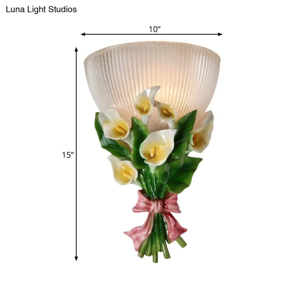 Dome Shaped Modern Wall Lamp With Ribbed Glass White Sconce Lighting And Green Bouquet Detail