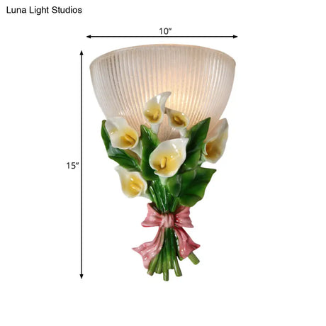 Dome Shaped Modern Wall Lamp With Ribbed Glass White Sconce Lighting And Green Bouquet Detail
