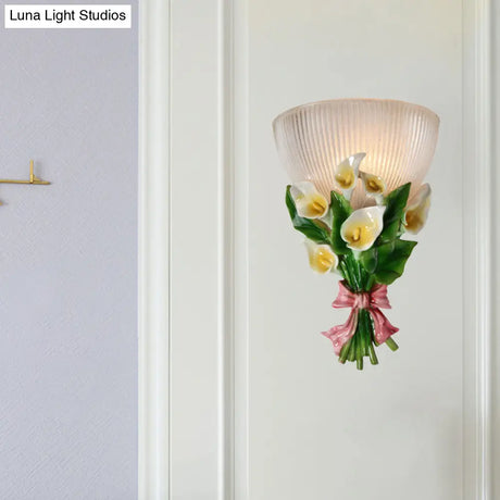 Dome Shaped Modern Wall Lamp With Ribbed Glass White Sconce Lighting And Green Bouquet Detail