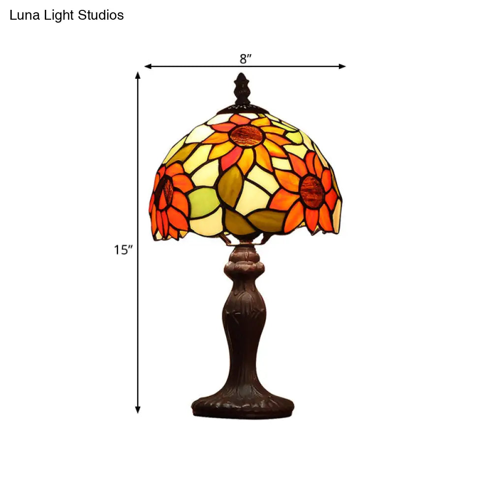 Dome-Shaped Sunflower Patterned Tiffany Table Lamp In Dark Brown
