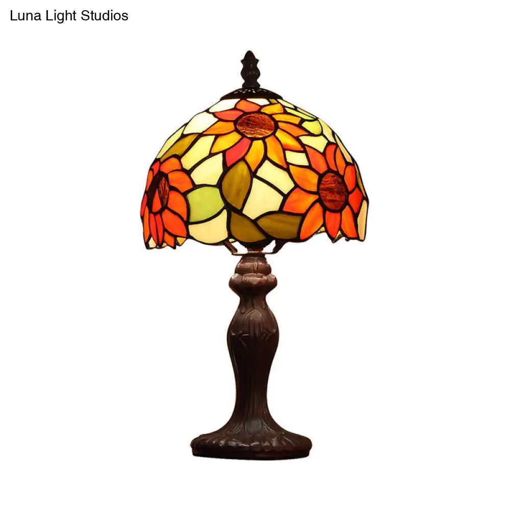 Dome-Shaped Sunflower Patterned Tiffany Table Lamp In Dark Brown