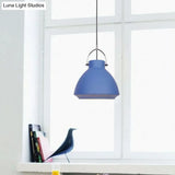 Dome Suspended Macaron Style Pendant Light - 10’/14’ Metallic Fixture With Handle In Black/Blue