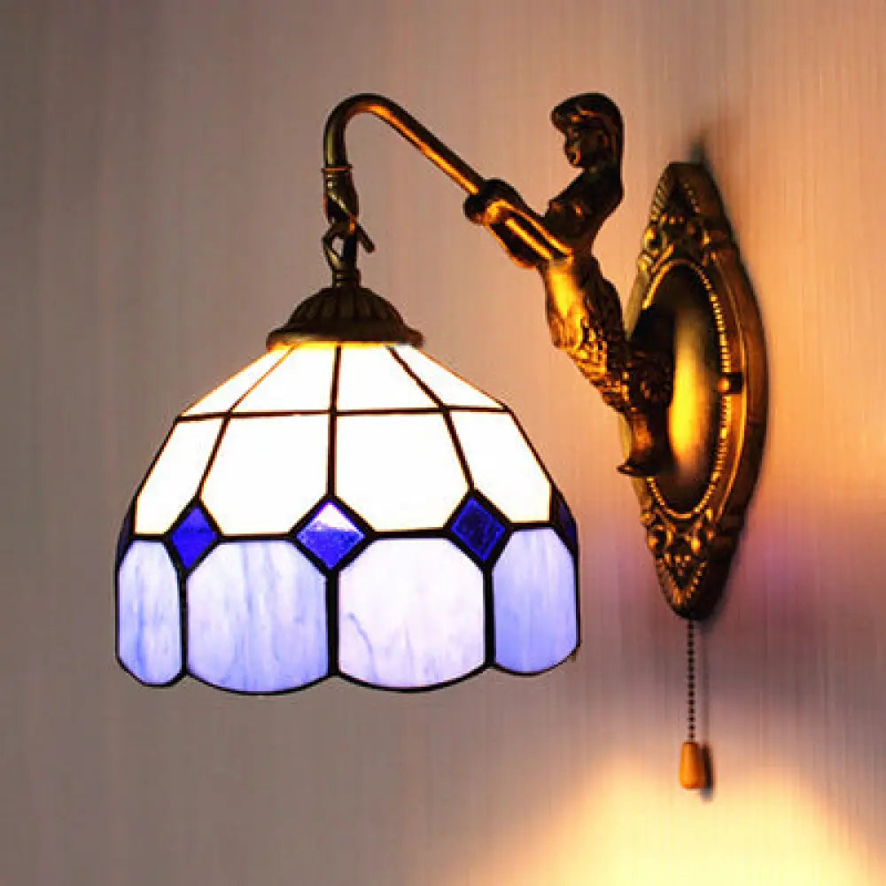 Dome White Glass Wall Mount Light Baroque Blue Sconce With Pull Chain - 6/8 Wide / 8