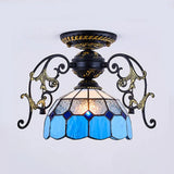 Domed Semi Flush Grid Stained Glass Ceiling Light - Black/White Black / D