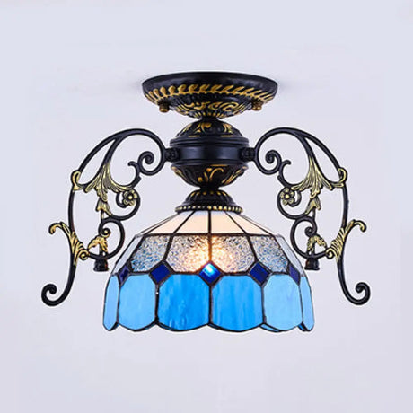Domed Semi Flush Grid Stained Glass Ceiling Light - Black/White Black / D