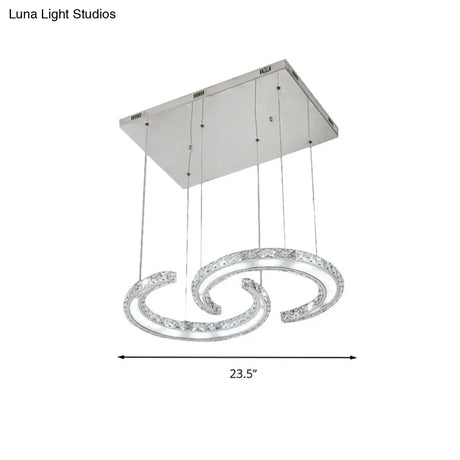 Double C-Shape Suspension Pendant Led Chandelier With K9 Crystal And Chrome Finish In Warm/White/3