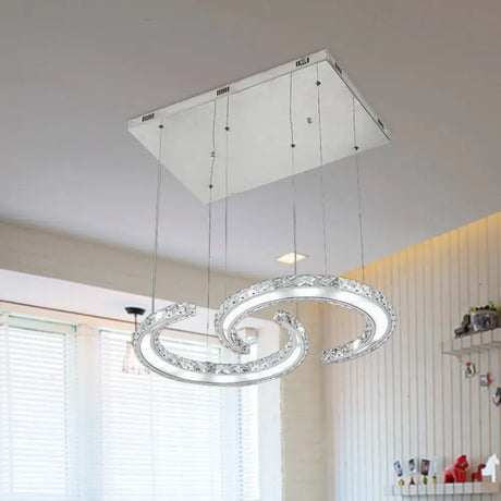 Double C-Shape Suspension Pendant Led Chandelier With K9 Crystal And Chrome Finish In Warm/White/3