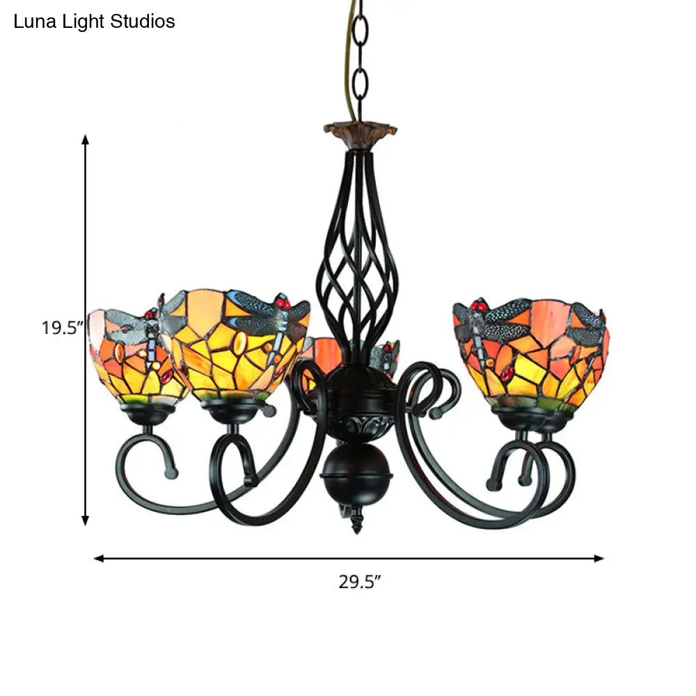 Dragonfly 5-Light Stained Glass Chandelier: Rustic Pendant Lamp For Bedroom