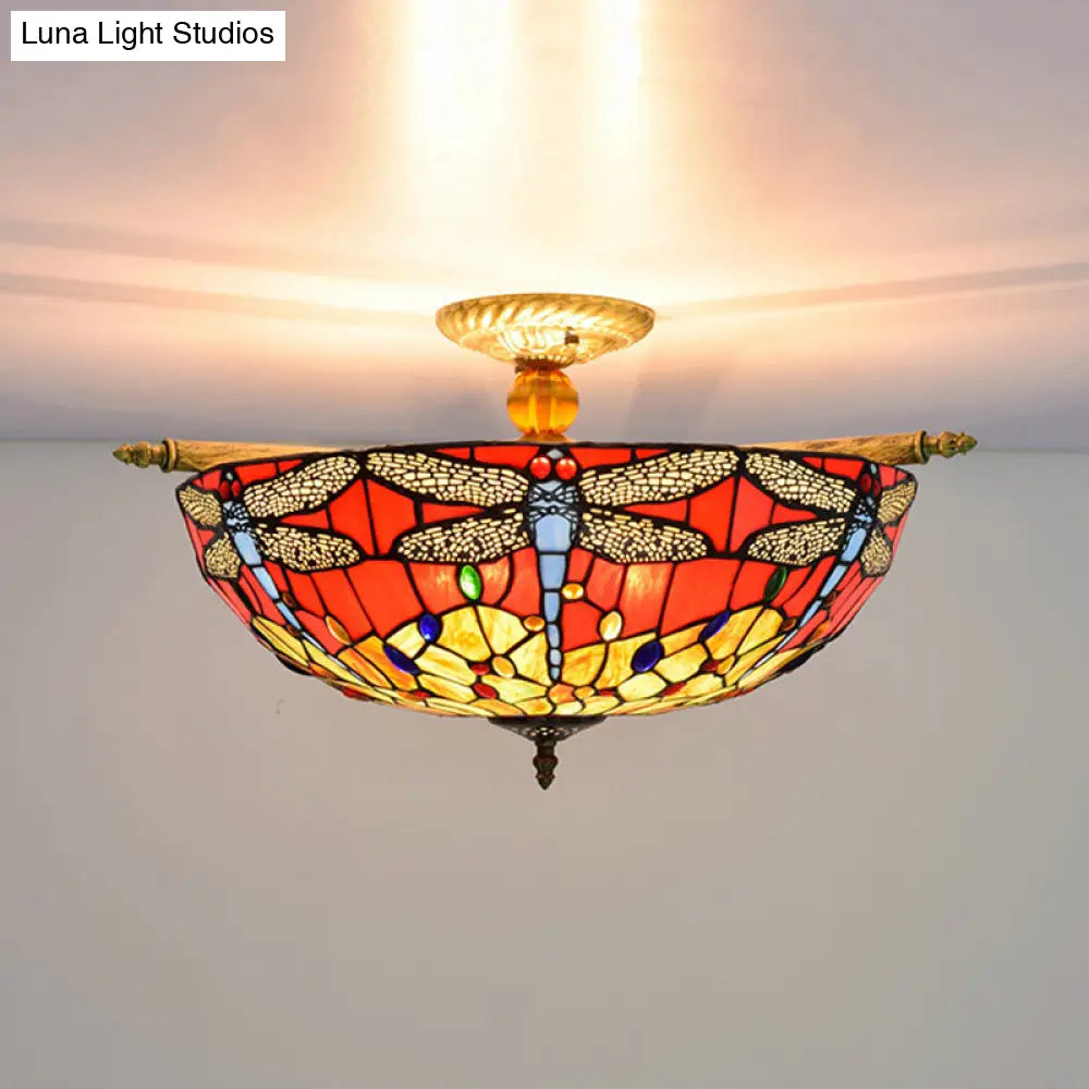 Dragonfly Ceiling Tiffany Brass Stained Glass Flush Mount Light - 5 Lights 21.5’/25.5’ Width