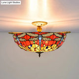 Dragonfly Ceiling Tiffany Brass Stained Glass Flush Mount Light - 5 Lights 21.5’/25.5’ Width